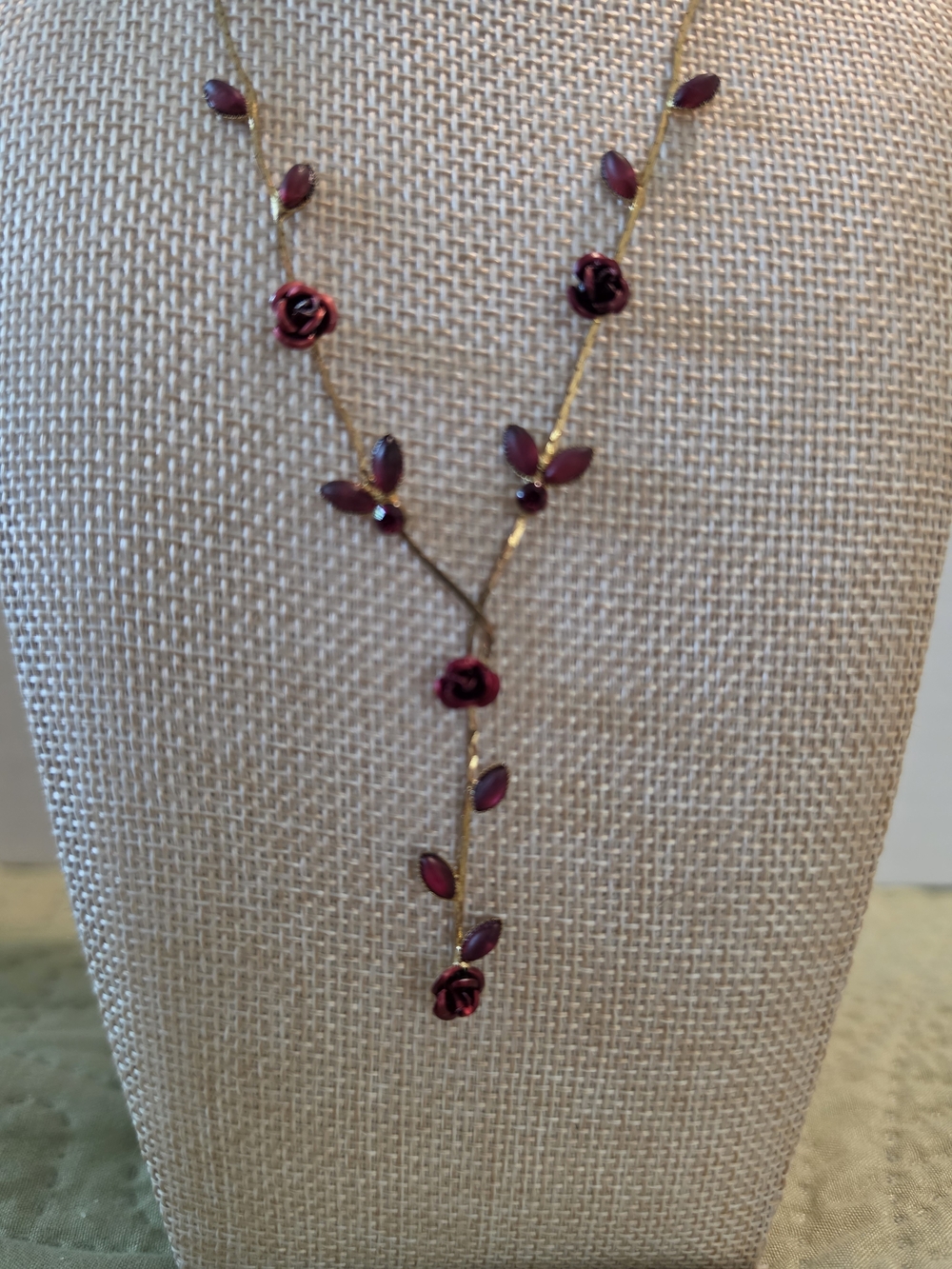 Delicate Burgundy Rose Vine Y-Necklace